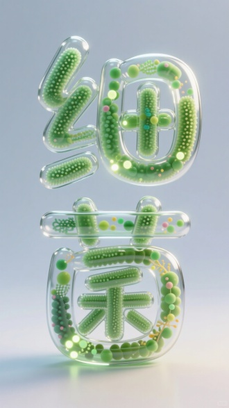 由生物细菌元素组成的中文圆润字体“细菌”的玻璃试管形态，发光粒子，生机勃勃，融合完美，玻璃试管质感字体，真实感十足，纯色干净背景，用途艺术设计图，3D高清风格，特写镜头，唯美氛围，8k画质，逆光，细节清晰
