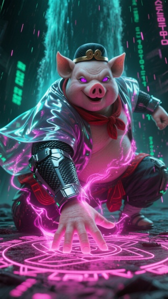 故障艺术数据流，镭射网格脉冲，荧光粉代码雨，暗能量流体侵蚀，全息投影界面，机械对称纹路，碳纤维机甲纹理，虚空裂隙光痕，冷调极光粉紫眼眸，磨砂金属折射，透明镭射披风，暗红能量回路，粒子消散轨迹，分形几何侵入，赛博都市残影，荧光文字熔蚀，纵向光污染构图，暗绿二进制瀑布，纳米渲染精度，量子纠缠光丝，哑光磨砂背景，冷调霓虹撞色。3D写实风格的中国86版西游记肥猪八戒，特写角度，使用忍术，手掌心拍向地上展开结界印记，空间扭曲粉色查克拉粒子环绕身体，超广角低角度仰拍，PBR材质皮肤清晰可见，动态模糊的瞬身轨迹，粉色查克拉能量包裹覆盖全身，景深强化使忍术产生光斑残影。