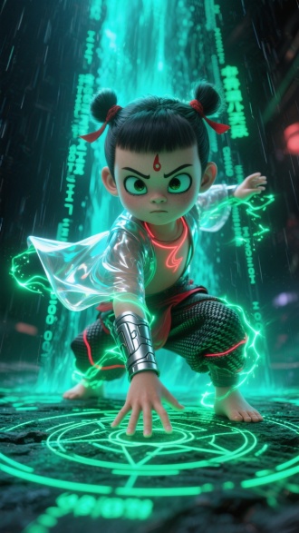 故障艺术数据流，镭射网格脉冲，荧光松石绿代码雨，暗能量流体侵蚀，全息投影界面，机械对称纹路，碳纤维机甲纹理，虚空裂隙光痕，冷调极光松石绿眼眸，磨砂金属折射，透明镭射披风，暗红能量回路，粒子消散轨迹，分形几何侵入，赛博都市残影，荧光文字熔蚀，纵向光污染构图，暗绿二进制瀑布，纳米渲染精度，量子纠缠光丝，哑光磨砂背景，冷调霓虹撞色。3D写实风格的中国86版西游记矮小哪吒小孩，特写角度，使用忍术，手掌心拍向地上展开结界印记，空间扭曲松石绿查克拉粒子环绕身体，超广角低角度仰拍，PBR材质皮肤清晰可见，动态模糊的瞬身轨迹，松石绿查克拉能量包裹覆盖全身，景深强化使忍术产生光斑残影。