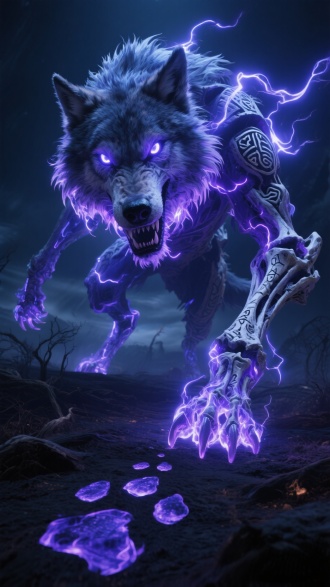 神秘的不规则动态生物，紫蓝色巨大狼骨，凶狠，狰狞，炸毛，强壮的，眼睛电离子光芒，身躯闪耀符文的，散发出耀眼的高亮等离子体光芒，留下多个脚印紫蓝色离火光芒，荒野远景，黑暗，仰视角，给人巨大的压迫感，超复杂，细节拉满，质感厚重，电影画质，大师作品，8K清晰。