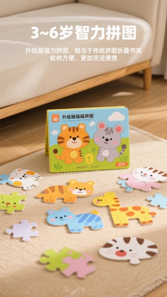 设计出多种可爱动物拼图，材质环保卡纸+软磁，拼贴在房间客厅地板上，写实摄影，柔光，上方留白，上方文案：“3~6岁智力拼图”，副标题“升级版磁力拼图，相当于传统拼图折叠书夹，收纳方便，更加灵活便携”