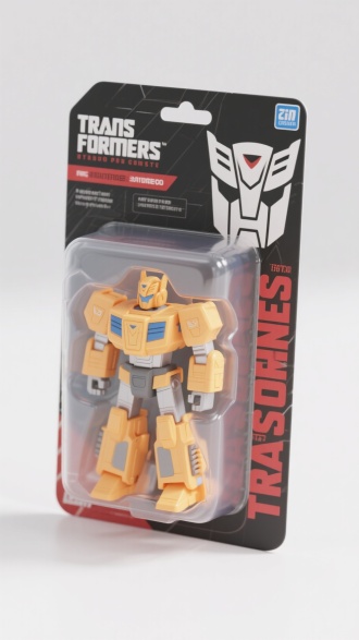 一个塑料玩具，变形金刚，印刷品，包装背景有产品说明，吸塑挂卡包装，等距视角包装展示，室内，干净背景