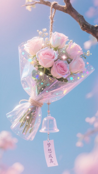 给我生成一个花束，用半透明塑料膜半包一束花，上面的花是透明的，点缀着点点，星光折射出了彩色的光彩，用绳挂在树枝上，花束下面还有一个半透明风铃，风铃下面的字条下面写着“梦想成真”。非常美丽，请把这幅画画成梦幻童话风格，细节清晰，明暗对比，侧逆光，柔软质感，写实摄影，干净渐变背景，配色以柔和粉蓝为主，花类型为透明玫瑰。