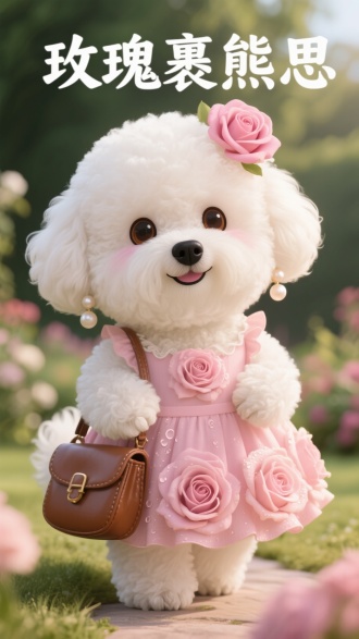 一只胖嘟嘟很可爱的比熊犬形象，毛发呈奶白色，蓬松如云朵。五官精致，圆眼睛双眼皮，淡褐色细弯眉自然柔和；双眸圆亮呆萌，黑鼻子小巧湿润，嘴角微扬带浅笑，亲和感十足。头顶别着一朵粉玫瑰。佩戴珍珠耳坠，身着粉色玫瑰连衣裙——花瓣层层叠叠，沾着晨露，阳光透过花瓣洒下柔粉光晕，高贵典雅。前爪拿复古棕色小皮包，眼睛看远处花园，微微晃脑袋，似在想今天去哪散步。 上方横排文案：“玫瑰裹熊思”