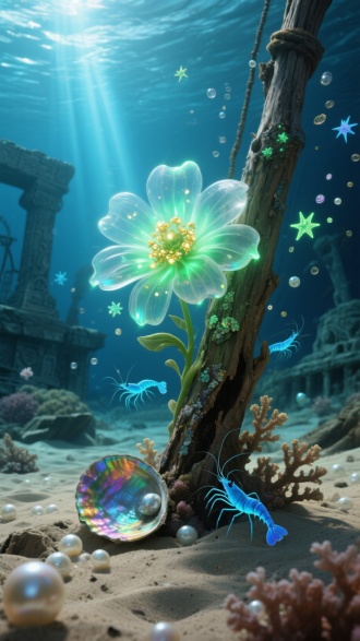 半埋在珊瑚沙中的沉船桅杆上，绽放着发光的深海花冠——花瓣是半透明的水母伞膜，透出翡翠色生物光，花蕊由闪烁的浮游生物聚成金色光点。枯木表面附着彩虹色鲍壳，缝隙间游动着霓虹蓝的小虾，周围漂浮着珍珠气泡群。背景是沉没的石雕遗迹，阳光从海面斜射下形成光柱，照亮飞舞的磷光微生物，如海底星辰环绕重生之木。