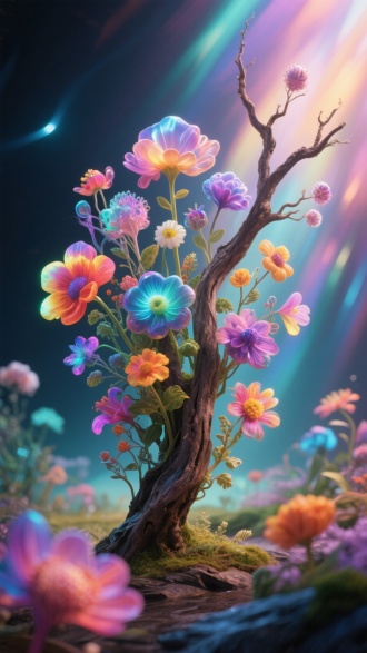 一根枯木的枝干上，生长出各种奇特梦幻的花朵，五光十色，色彩斑斓，周围是梦幻般的光影，展现奇妙的重生之美
