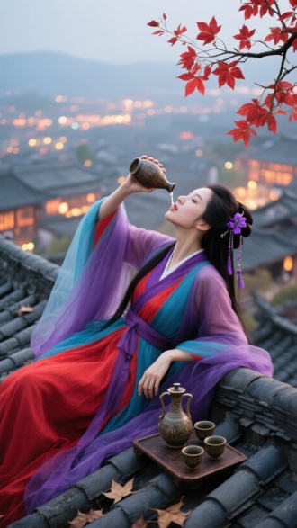 一位身着鲜艳红青紫色战国袍的女子，纱衣层层叠叠，长发间点缀紫色配饰，她手持古朴酒壶，仰头张开嘴饮酒，酒流入口中姿态潇洒随性。画面右侧，上方枝头点缀着红色的叶子，与女子的青紫色衣相呼应。整体场景营造出大气、豪放且充满诗意的古风氛围，细节丰富，写实风格画质高清。 全身像，古风背景，女子一只手撑着下巴，半侧半躺在屋顶上，旁边放着一套精美的酒壶酒杯，背后万家灯火，有落叶近景模糊，俯视图，航拍，真人写真，8k 