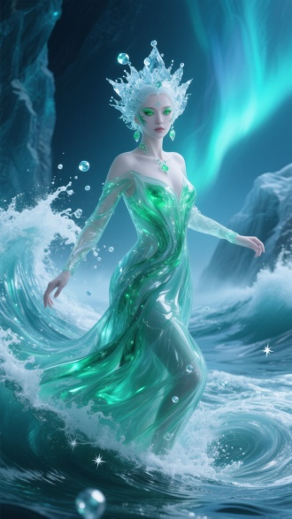 寒潭碧波凝聚的透明神女通体如流动琉璃，翡翠色水浪面庞透亮无瑕，眼部水墨晕染透出莹绿神采，面部镶嵌冰晶气泡彩妆。头戴冰川飞溅冠，足踏漩涡踏浪而行。水浪衣裙如丝绸龙卷旋转舞动，拉出十米寒雾柔光裙摆。浪花激溅如钻石星辰悬浮空中，厚涂技法呈现霜雪泡泡层层包裹。面部特写中冰雾萦绕颧骨，晶莹肌肤透出蓝冰洞窟的幽光，水浪在锁骨流动如融化的翡翠。超现实主义4K渲染，3D流体动态捕捉翡翠水浪的光折射，裙摆模拟冰川融水的柔滑光轨，整体如极光般空灵磅礴。