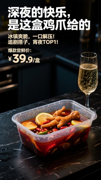 海报设计，深夜暗调美食摄影，背景是深色的厨房台面或吧台。仅有一束柔光打亮一盒透明塑料鸡爪盒。鸡爪浸泡在深红色的汤汁中，清晰可见其中的柠檬片和辣椒。盒壁上凝结着冰凉的水珠，暗示刚从冰箱取出。旁边放着一杯冰镇气泡酒，杯壁也有水珠，营造出冰凉解压的宵夜氛围。风格为高端商业美食摄影，焦点锐利，突出冰爽感和红油的光泽。上方文案主标题“深夜的快乐，是这盒鸡爪给的”，副标题“冰镇爽脆，一口解压！追剧搭子，宵夜TOP1！”，价格标签“爆款尝鲜价：¥39.9/盒”