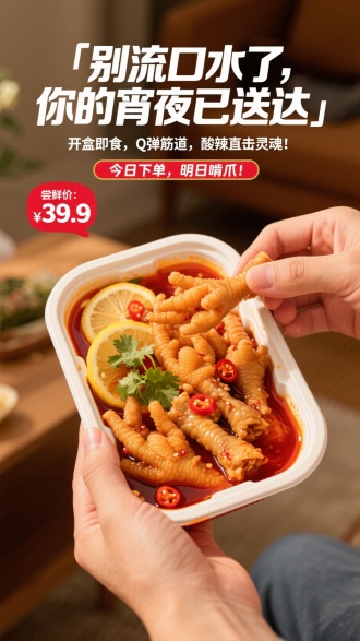 第一人称视角美食摄影，仿佛我的手正拿起一盒无骨鸡爪，满满一盒鸡爪，准备大快朵颐。通过动作引导视线，聚焦于盒中美食。鸡爪、柠檬、辣椒、香菜的色彩对比强烈，红油汤汁因动作微微晃动，充满动感和即刻享用的诱惑。背景虚化成温馨的居家环境，风格为真实生活记录，代入感极强。                  
  海报文案：
主标题"「别流口水了，你的宵夜已送达」”
副标题“开盒即食，Q弹筋道，酸辣直击灵魂！"
"今日下单，明日啃爪！"
价格标签“尝鲜价：¥39.9”