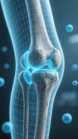 膝关节，骨关节，3D关节模型， 风格：属于医学可视化的写实科技风 ，以逼真的骨骼质感、细腻的光影呈现，结合半透明网格、发光效果。 核心主体：膝关节骨骼（股骨、胫骨、髌骨等），表面的网格，精准还原解剖结构，表面的裂纹、磨损细节，强化关节损伤 / 待修复的信息，高亮显示炎症区域如滑膜、软骨； 氛围元素：漂浮的蓝色微球； 大场景图，场景图，摄影，景深，高清，细节丰富，背景虚化，真实摄影场景。