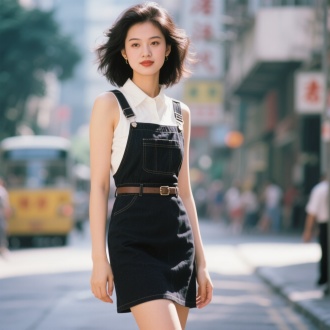 90时代美女，穿着那个时代时尚服装，时尚发型，纯洁，清纯，阳光，全身照片，显瘦显高，年轻，远景虚化，香港风，8K画质，富士相机滤镜