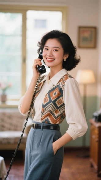 80时代美女，穿着那个时代时尚服装，时尚发型，清纯，微笑，室内，正在打电话，显瘦显高，年轻，远景虚化，8K画质，富士相机滤镜