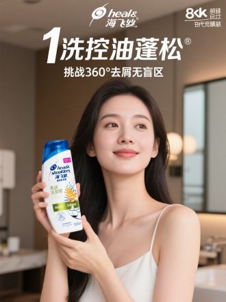广告海报，海飞丝洗发水，现代东亚美女，拿着海飞丝洗发水代言，美女圆脸，高鼻梁，柳叶眉毛，主标题文案“1洗控油蓬松”，副标题文案“挑战360°去屑无盲区”，背景室内，广告摄影，写实，配色合理，8K画质，