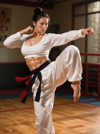 "肌肉发达的亚洲女性，白色长袖练功服，黑色布腰带，束发髻，御姐气质，胸部丰满，武打姿势，动态构图，道场背景，木地板，暖色调，长焦镜头，侧逆光，高对比度，肌肉线条，凌厉眼神，力量感，红色装饰元素，飞踢动作，丝绸质感，汗水反光，肃杀氛围"