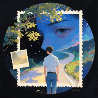 请以“最后的告别”画一幅唯美的画，画面色彩多样，画里融合了漂亮的榆树叶，星空、弯曲的山路、牛仔裤瘦弱青年的背影、虚泛黄的明信片，朦胧美丽优雅侧面微笑灵动的丹凤眼睛在蓝黑的背景中，构思独特，抽象艺术与现代印象派结合，蒙太奇表现，时空交织，虚实结合，简约美，广角，表现思想、怀念、记忆、告别、遗憾、忧伤、悲壮的情怀，深度视觉美，圆形和方形构图结合，冷暖色结合，明暗对比，现代油画和摄影技法，细节，精细绘画，色彩丰富明亮，自由创新风格，最高质量，24k
