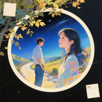 请以“最后的告别”画一幅唯美的画，画面色彩多样，画里融合了漂亮的榆树叶，星空、弯曲的山路、牛仔裤瘦弱的男青年在回头看，虚泛黄的明信片上美丽优雅侧面微笑灵动的少女丹凤眼在蓝黑渐变的背景中，构思独特，抽象艺术与现代印象派结合，蒙太奇表现，时空交织，虚实结合，简约美，广角，表现思想、怀念、记忆、告别、遗憾、忧伤、悲壮的情怀，深度视觉美，圆形和方形构图结合，冷暖色结合，明暗对比，现代油画和摄影技法，细节，精细绘画，色彩丰富明亮，自由创新风格，最高质量，24k