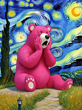 粉色小熊模仿《呐喊》，双手捂面表情惊恐，扭曲背景融入自然，油画质感，高对比度明暗，动态笔触，超现实风格，暖色调与冷色碰撞，广角镜头，侧光强化立体感，惊恐情绪，森林环境，仿梵高笔触，夸张变形。