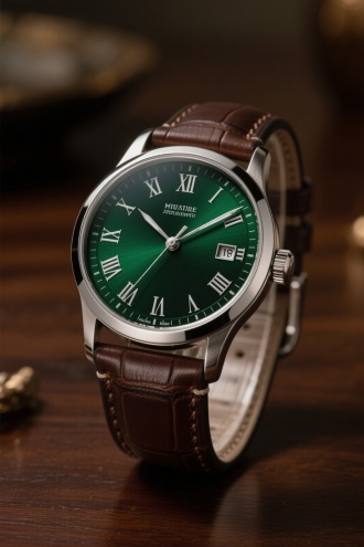 超写实风格，腕表特写镜头，展现一只绿色腕表。表盘为深邃墨绿色，搭配银色指针和刻度，罗马数字刻度清晰可见。表壳为抛光不锈钢，质感细腻，反射出柔和的光泽。表带为深棕色真皮，纹理清晰，缝线工整。腕表置于深棕色木质桌面上，周围环境简洁，光线柔和，营造出宁静高雅的氛围。背景虚化，仅略微可见木纹肌理。镜头视角略微俯视，突出腕表的细节。光影运用细腻，展现腕表金属和皮革材质的质感差异。画面色调沉稳内敛，以深绿色、棕色和银色为主，营造出复古典雅的风格。整体风格借鉴了荷兰黄金时代绘画的静物写生风格，追求细节的精准刻画和光影的微妙变化，力求展现腕表的精美工艺和独特质感。  画面尺寸为16:9，采用佳能5D Mark IV拍摄效果。