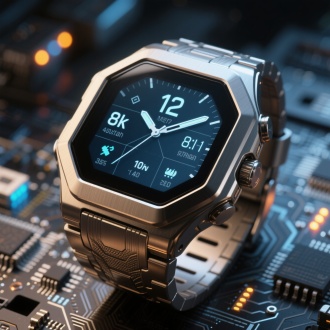 高清照片，8k画质，专业摄影作品，电影级质感，一款极具科技感的电子手表。表身采用未来感十足的金属材质，线条流畅硬朗。电子屏幕清晰明亮，显示着精准的时间、运动数据等信息，数字和图标设计简洁且富有现代感。表带与表身完美契合，带有独特的纹理与光泽。周围是一些代表科技的元素，如微型电路板、闪烁的指示灯等，营造出科技氛围，整体画面光影效果逼真，色彩鲜明。