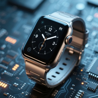 高清科技电子手表特写，金属材质，流畅硬朗线条，8K画质，电影级质感，微距镜头，浅景深，冷色调，未来科技感，屏幕显示精准时间运动数据，简洁现代数字图标，纹理光泽表带，微型电路板背景，闪烁指示灯，侧光增强立体感，高对比度，细节锐利，科技氛围，逼真光影，鲜明色彩。