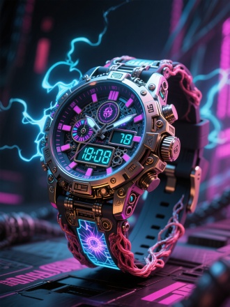 荒木飞吕彦风格电子手表，张力造型，机械零件拼凑表身，奇异光芒，生物筋腱表带，灵魂数字跳动屏幕，超能力符文环绕表盘，浓烈色彩层次感，夸张表现力线条，赛博朋克环境，广角镜头，高对比度，动态光源，金属质感，奇幻科技氛围，神秘感，特写构图