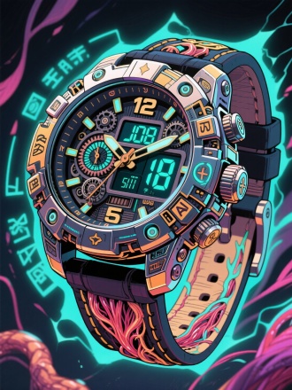 动漫类：采用荒木飞吕彦《JOJO的奇妙冒险》动漫风格，一款独特的电子手表。手表外形极具张力，表身像是由神秘的机械零件拼凑而成，散发着奇异的光芒。表带类似生物的筋腱，充满生命力。电子屏幕中跳动的数字仿佛拥有灵魂，表盘周围环绕着具有特殊能力的符文，仿佛能赋予佩戴者超能力。画面色彩浓烈且富有层次感，线条夸张且富有表现力。