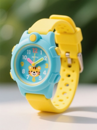 高清8K品质的摄影级儿童手表图像。一只色彩鲜艳的儿童手表，表身主要为浅蓝色，搭配亮黄色的表带，充满活力。表壳采用坚固且轻便的塑料材质，具有磨砂质感，抗摔耐磨，表冠为圆润的设计，方便儿童操作。表盘上有大而清晰的数字显示，还有可爱的卡通动物图案点缀，时针和分针是有趣的卡通造型。表带柔软舒适，上面有许多小孔，保证佩戴时的透气和舒适，表扣是安全扣设计，防止手表意外脱落。