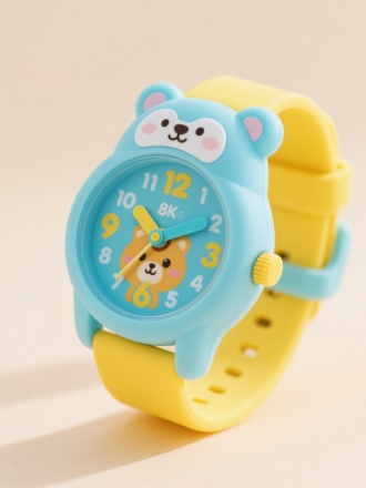 色彩鲜艳的儿童手表，浅蓝色表身搭配亮黄色表带，磨砂塑料材质，圆润表冠，卡通动物图案表盘，大数字显示，卡通造型指针，透气孔表带，安全表扣，8K高清，微距镜头，柔和散射光，浅色背景，立体感，高饱和度，生动活泼，细节丰富，产品摄影风格，温暖色调，愉悦情感。