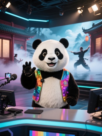 熊猫主播站在科技感直播间，圆润身形逼真皮毛，黑白毛发分明，炯炯有眼俏皮自信，彩色马甲闪烁灯光，主播台高清设备，背景大屏动态功夫场景，云雾山谷武术场馆，光影强烈传统现代融合，4K画质柔和灯光，广角镜头景深效果，鲜艳色彩活力氛围，互动手势直播活力。