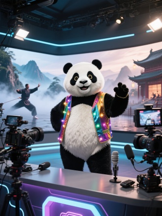 一位主播扮成熊猫形象，站在专业直播间中。熊猫主播身形圆润，皮毛质感逼真，黑白相间的毛发根根分明，眼睛炯炯有神，带着俏皮又自信的神情。身上穿着主播标志性的彩色马甲，上面有闪烁的灯光装饰，凸显直播氛围。主播台设计科技感十足，摆放着高清摄像机、麦克风等直播设备，身后的背景大屏展示着动态的功夫场景，如云雾缭绕的山谷、古老的武术场馆，光影效果强烈，将传统功夫元素与现代直播场景完美融合。