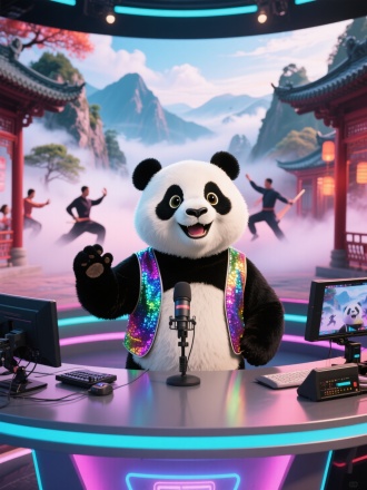 熊猫主播圆润可爱，黑白毛发逼真，炯炯有神的眼睛带着俏皮自信，穿着彩色闪光马甲，站在科技感直播间，主播台高清设备齐全，背景大屏动态功夫场景，云雾山谷与武术场馆光影交错，传统与现代融合，高清摄影，广角镜头，柔光与霓虹混合，色彩鲜艳，动感十足，氛围欢乐。