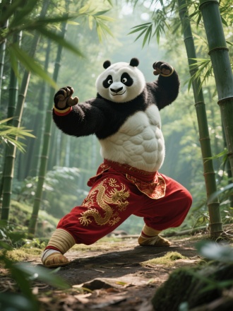 "8K超高清，电影级画质，武功熊猫竹林场景，健硕体型肌肉隐约可见，黑白分明毛色细腻随风摆动，专注锐利眼神，传统中式红色练功服金丝龙纹刺绣，马步虎拳架势刚劲有力，竹林翠绿叶影斑驳，阳光透过竹叶形成光影效果，武侠氛围，广角镜头，侧光，高动态范围，写实风格，力量感。"