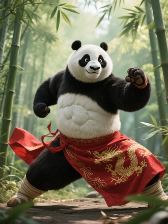 电影级画质，一只会武功的熊猫呈现在竹林场景中。熊猫体型健硕，肌肉线条虽被绒毛覆盖却隐约可见，彰显其力量感。它毛色黑白分明，黑的部分如墨般浓郁，白的地方似雪般纯净，绒毛细腻逼真，在微风中轻轻摆动。熊猫眼神专注且锐利，身着传统中式练武服，红色的布料鲜艳夺目，衣袂随风飘动，上面绣有金色的龙纹，精致华丽。它扎着马步，双手摆出虎拳的架势，动作刚劲有力，仿佛下一秒就能爆发出强大的力量。周围竹林翠绿，竹叶随风摇曳，阳光透过竹叶缝隙洒下，形成斑驳光影，营造出武侠氛围。