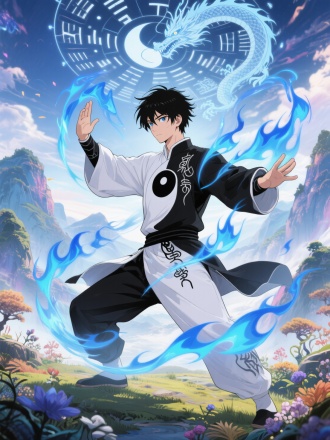 动漫类：以《一人之下》动漫风格呈现，一位青春帅气的男角色身着太极服施展魔幻太极拳。他有着一头利落的黑色短发，额前几缕碎发随风飘动，双眸明亮有神，透露着不羁与自信。身上的太极服为黑白相间的色调，黑色部分如墨般浓郁，白色部分则纯洁如雪，衣服上绘有独特的符文图案，隐隐散发着神秘的光泽。男子摆出太极拳起手式，动作潇洒帅气，周身环绕着蓝色的炁，这些炁如灵动的火焰般跳跃闪烁，仿佛具有生命。随着他的动作，炁不断变幻形态，时而化作巨龙盘旋，时而变为八卦图案旋转。背景是一个充满奇幻色彩的异人世界，天空中悬浮着巨大的符文阵，地面上奇异的花草肆意生长，远处山峦起伏，散发着神秘的光芒，整体画面色彩丰富且富有层次感，线条流畅且富有张力，凸显出奇幻武侠的氛围。