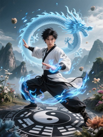 "青春帅气男角色施展魔幻太极拳，黑白太极服符文闪烁，黑色短发碎发飘动，眼神自信，蓝色炁环绕如火焰跳跃，幻化巨龙八卦，异人世界背景，悬浮符文阵，奇异花草，神秘山峦，奇幻武侠风，高对比度，动态构图，流畅线条，丰富层次，广角镜头，侧逆光，粒子特效，张力十足，色彩浓郁"