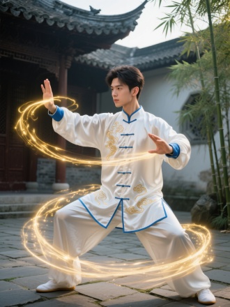 写实类：8K高清画质，电影级质感，犹如专业摄影作品。画面中一位青春帅气的男子，脸庞棱角分明，眼神专注且坚毅，洋溢着青春活力。他身着传统中式太极服，白色绸缎面料质感顺滑，在光线照耀下微微反光，袖口与领口处镶着蓝色的滚边，精致考究。太极服上绣有淡淡的金色云纹，增添古朴韵味。男子正打出魔幻太极拳，动作行云流水，身形飘逸灵动。他的双手似在牵引着无形的力量，周围光影效果奇特，仿佛有金色的光芒如丝线般缠绕在他的肢体周围，随着动作闪烁变幻。背后是一片古老的中式庭院，飞檐斗拱的建筑古色古香，地面铺着青石板，角落里几株翠竹随风摇曳，营造出神秘而奇幻的氛围。