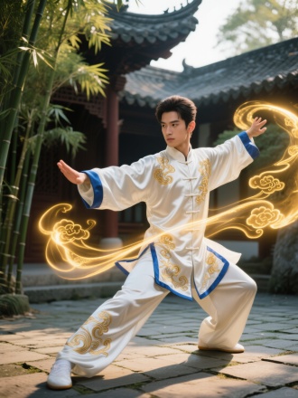 8K高清画质，电影级质感，写实风格，青春帅气男子，棱角分明脸庞，专注坚毅眼神，传统中式太极服，白色绸缎面料，蓝色滚边，金色云纹刺绣，行云流水动作，飘逸灵动身形，金色光芒缠绕，古老中式庭院，飞檐斗拱，青石板地面，翠竹摇曳，侧光照射，动态模糊，奇幻氛围，暖色调，广角镜头，景深效果，丝绸质感反光。