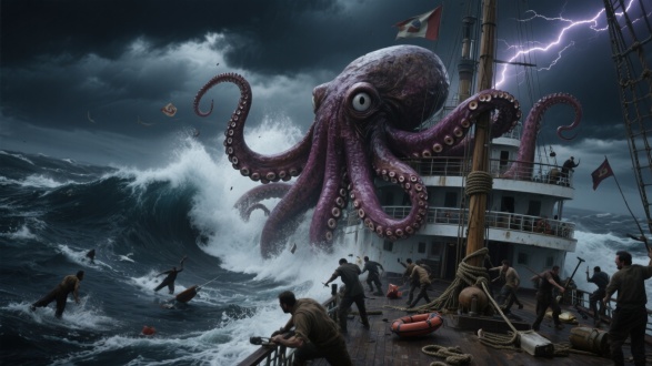 写实类：8K超高清，电影级画质，犹如身临其境的灾难场景画面。一艘巨大的轮船在波涛汹涌的大海上摇摇欲坠，海水呈现出深邃的蓝黑色，浪涛如同一堵堵高墙，不断拍打着轮船的船身，溅起数米高的白色水花。
 
一只身形极为庞大的章鱼，它的触手如粗壮的绳索，布满了大大小小的吸盘，正紧紧地缠绕在轮船的桅杆、栏杆和船体上。章鱼的身体表面有着粗糙的纹理，皮肤颜色在光线的照射下呈现出深褐色与紫红色交织的色泽，透着一股神秘而危险的气息。它的眼睛巨大且冰冷，毫无感情地注视着轮船，仿佛在宣告着对这艘船的掌控。
 
轮船的甲板上一片混乱，船员们四处奔逃，脸上充满了惊恐。一些人正试图解开绳索，启动救生艇，而另一些人则手持各种工具，试图驱赶章鱼，但显得徒劳无功。船上的旗帜在狂风中猎猎作响，一些物品被章鱼的触手甩落海中，激起层层涟漪。
 
天空中乌云密布，黑沉沉地压下来，偶尔有几道闪电划破云层，照亮整个场景，闪电的光芒映照在海面上、轮船上和章鱼身上，使得画面的光影效果强烈而震撼，营造出一种紧张、恐怖的氛围。