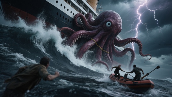 8K超高清，电影级画质，写实灾难场景，巨大轮船在汹涌大海中摇晃，深蓝黑色海水，高墙般浪涛拍打船身，白色水花四溅。庞大章鱼，深褐紫红色皮肤，粗糙纹理，粗壮触手缠绕船体，巨大冰冷眼睛。船员惊恐奔逃，救生艇启动，工具驱赶章鱼无效。乌云密布，闪电划破天空，强烈光影，紧张恐怖氛围。广角镜头，高对比度，动态模糊，冷色调，侧光，细节丰富，震撼视觉冲击。