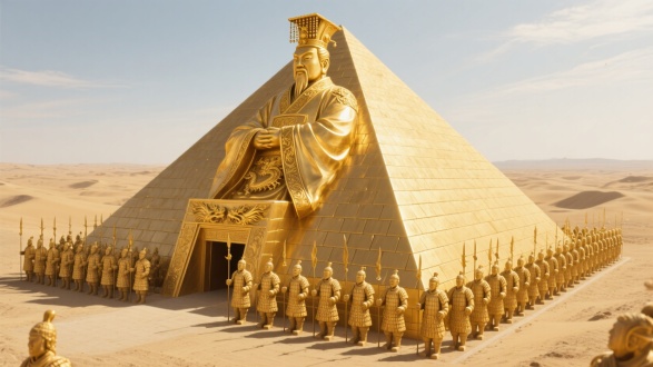 写实类：8K超高清，电影级画质，犹如纪录片般真实呈现黄金秦始皇陵。在广袤无垠的沙漠边缘，一座巍峨的黄金秦始皇陵拔地而起。陵墓整体呈现出庄重的四方锥形，由无数块纯金打造的金砖严丝合缝拼接而成，金砖表面经过精细打磨，在烈日的照耀下，散发出令人目眩的金色光芒，刺得人眼睛生疼。
 
陵墓的底部边长巨大，每一面都有数百米之长，四个边角笔直锐利，仿佛能划破长空。沿着陵墓的边缘，整齐排列着一圈真人大小的黄金兵马俑，他们身着战甲，手持各种黄金兵器，神情肃穆，栩栩如生，仿佛在守护着这座神秘的陵寝。兵马俑的铠甲纹理、面部表情，甚至发丝都清晰可见，工艺之精湛令人叹为观止。
 
陵墓的顶端，一尊巨大的黄金秦始皇雕像矗立其中，他头戴冕旒，身着龙袍，双手抱于胸前，俯瞰着这片大地，眼神中透露出千古帝王的威严与霸气。雕像的每一处细节都精雕细琢，冕旒上的玉珠、龙袍上的金龙，皆闪耀着金色的光辉，仿佛随时都会活过来。
 
在陵墓的周围，是一片荒芜的沙地，狂风呼啸而过，卷起漫天黄沙，但这丝毫无法掩盖黄金陵墓的璀璨光芒。远处的山脉在阳光和陵墓金光的映照下，也染上了一层淡淡的金色，整个画面营造出一种震撼人心的神秘与庄严氛围。