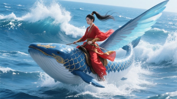 写实类：8K超高清，电影级质感的画面，宛如身临其境的奇幻场景。湛蓝无垠的大海上，波涛汹涌澎湃，海浪如同一座座移动的山峰，相互撞击着，溅起数米高的白色水花，在阳光的照耀下，闪烁着晶莹的光芒。海风呼啸而过，带着咸湿的气息。
 
一位武侠美女英姿飒爽地骑在鲲的背上。美女身着一袭红色的丝质劲装，衣服随风猎猎作响，勾勒出她曼妙而矫健的身姿。劲装边缘绣着金色的丝线，在阳光下闪耀着华贵的光泽。她一头乌黑亮丽的长发束成高马尾，随着海风肆意飘动。脸庞精致绝美，五官犹如精雕细琢，眼神中透露出坚毅与果敢，却又不失灵动。
 
她骑着的鲲体型巨大，宛如一座漂浮在海上的小岛。鲲的身躯覆盖着一层蓝白相间的鳞片，每一片都有桌面大小，鳞片表面光滑如镜，反射着阳光，如同无数面小镜子。鲲的翅膀展开，宽度足有数十米，翅膀边缘有着淡蓝色的光晕，如同梦幻般的色彩。它扇动着翅膀，每一次挥动都带动起强烈的气流，在海面上掀起巨大的风浪。
 
美女手持一把长剑，剑身闪烁着清冷的光芒，剑柄上镶嵌着一颗红色的宝石，与她的服饰相互映衬。她身姿轻盈，仿佛与鲲融为一体，随着鲲的飞翔而起伏。在她和鲲的周围，有一些淡金色的光芒如丝带般缠绕，仿佛是一种神秘的力量在守护着他们。远处的海平面与天空相接，形成一条湛蓝的线，更增添了画面的辽阔与奇幻感。整个画面光影效果逼真，阳光洒在人物和鲲身上，投下的阴影清晰可见，营造出一种震撼人心的视觉效果。