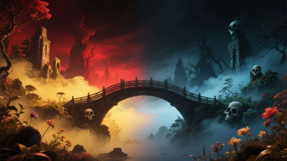 "一座连接幽冥和仙境的桥，左右强烈对比，仙境云雾缭绕奇花异草暖色调，幽冥黑暗迷雾枯骨残垣冷色调，三维古风大远景对称构图，红黄黑蓝色彩搭配，电影级画质高分辨率超广角镜头动态光影戏剧性氛围极致细节"