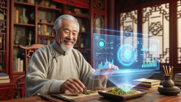 "传统中医与现代AI融合，中式书房背景，智能全息投影显示草药数据，老中医操作虚拟界面，身穿唐装，微笑专注，柔和自然光，暖色调，浅景深，超现实风格，细节丰富，科技蓝与传统红碰撞，宁静智慧氛围。"