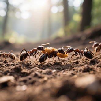 蚂蚁军团搬运食物，微距视角，低角度拍摄，森林地面，泥土细节，清晨柔光，柔和阴影，工蚁协作，负重前行，深褐色基调，细腻纹理，动态平衡，团队精神，自然生态，特写镜头，散景效果。