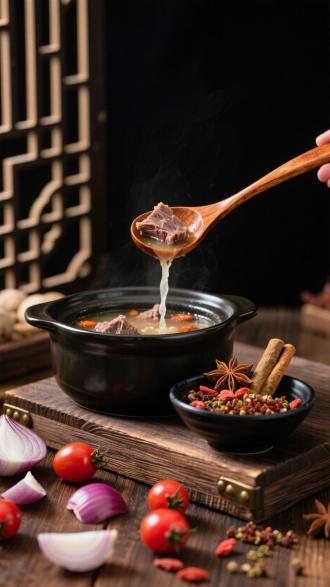 厨房背景，一个木质家具桌子上放着一锅牛肉汤，旁边的黑色的陶瓷碗装满八角桂皮花椒等调料，上面有些枸杞，用木勺子勺起一些牛肉汤，汤从勺子上流下来，干净深色背景，中式风格，周围散落一些食材洋葱，小番茄，微距拍摄
