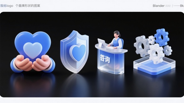 我需要四个风格相同的蓝灰色的图标logo，内容分别是“
两个不同大小心形的图案叠在一起”、
“一双手捧着一个盾牌形状的图案”、
“一个问询台，有个工作人员坐在后面”、
“不同大小几个齿轮卡在一起”，要大小相同、风格相同，半立体，3D渲染，主色蓝色，蓝灰色渐变
玻璃感，白色玻璃材质点缀，20度等距照明，干净黑色背景，细节丰富，blander渲染，8K，玻璃材质，透明感强，轻薄感