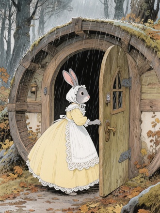 Moebius (Jean Giraud)风格，治愈系，极繁主义，极致表现力，浪漫感，细节完美，大师杰作。 水彩插画风格，下雨了，一个拟人化的灰兔太太穿着大大的淡黄色蓬蓬裙，白色蕾丝花边，可爱的头巾，站在一个圆圆的木屋的门口，门打开了，她准备进去。 超高清分辨率，最佳品质，笔触清晰，阴天色调，电影质感。32k超高清细致修复，整体画面是深秋季节，奇幻、可爱且温馨的森林童话氛围。大场景，优秀的构图