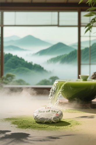 青绿山水渐变配色，远景茶饼青山云海，中景茶汤倾泻，近景抹茶地面茶寮，水墨雾，暖光，长焦，清新，宁静，CICI印章，Tea of sky 。 