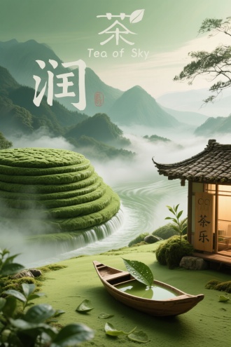 青绿山水渐变，巨型茶饼叠成云海青山，梯田纹理，碧玉色茶汤长河倾泻，浮沉嫩叶，抹茶粉地面，左侧茅屋顶落茶芽，水墨雾气，微光苔痕，篆书“润”字波纹，叶舟载露珠，焙茶暖光透窗，“茶乐”木牌，印章“CICI”，Tea of sky，广角镜头，柔光，高对比度，中国风，静谧，淡雅，深邃。